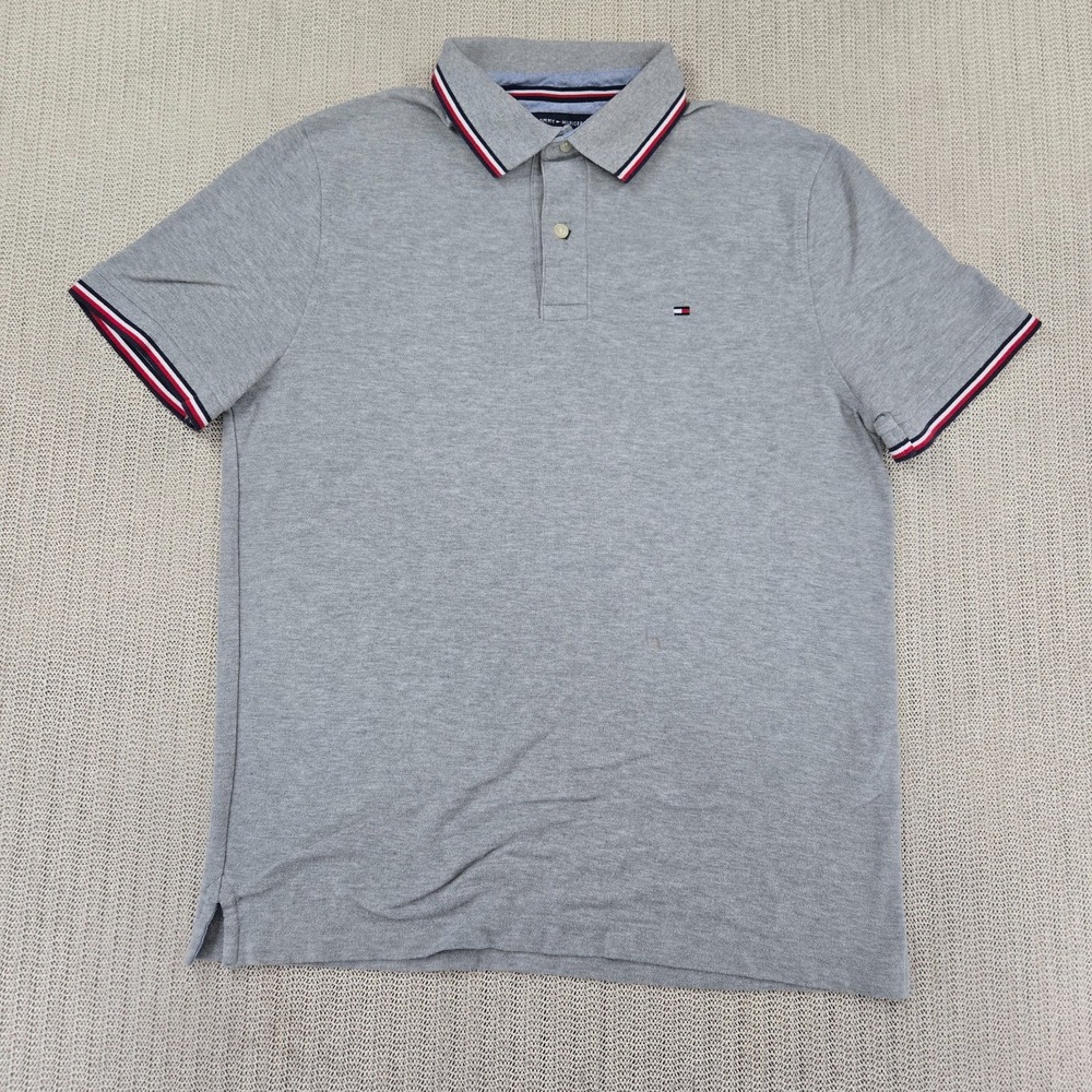 Tommy Hilfiger Polo Shirt Mens Medium Heather Gray Short Sleeve Flag Logo